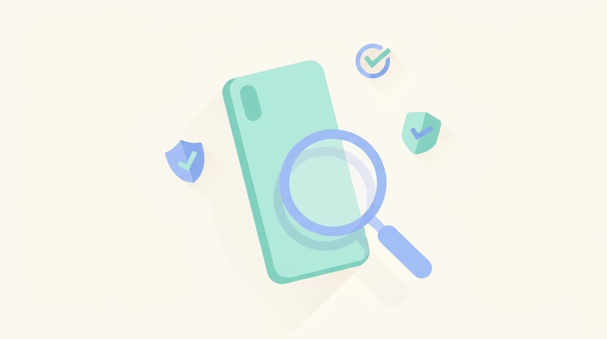 중고폰 구매 전 IMEI 조회와 상태 확인을 안내하는 일러스트